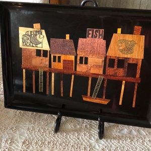 Vintage Couroc tray in very good condition 18x12.5” fishing village wood inlay